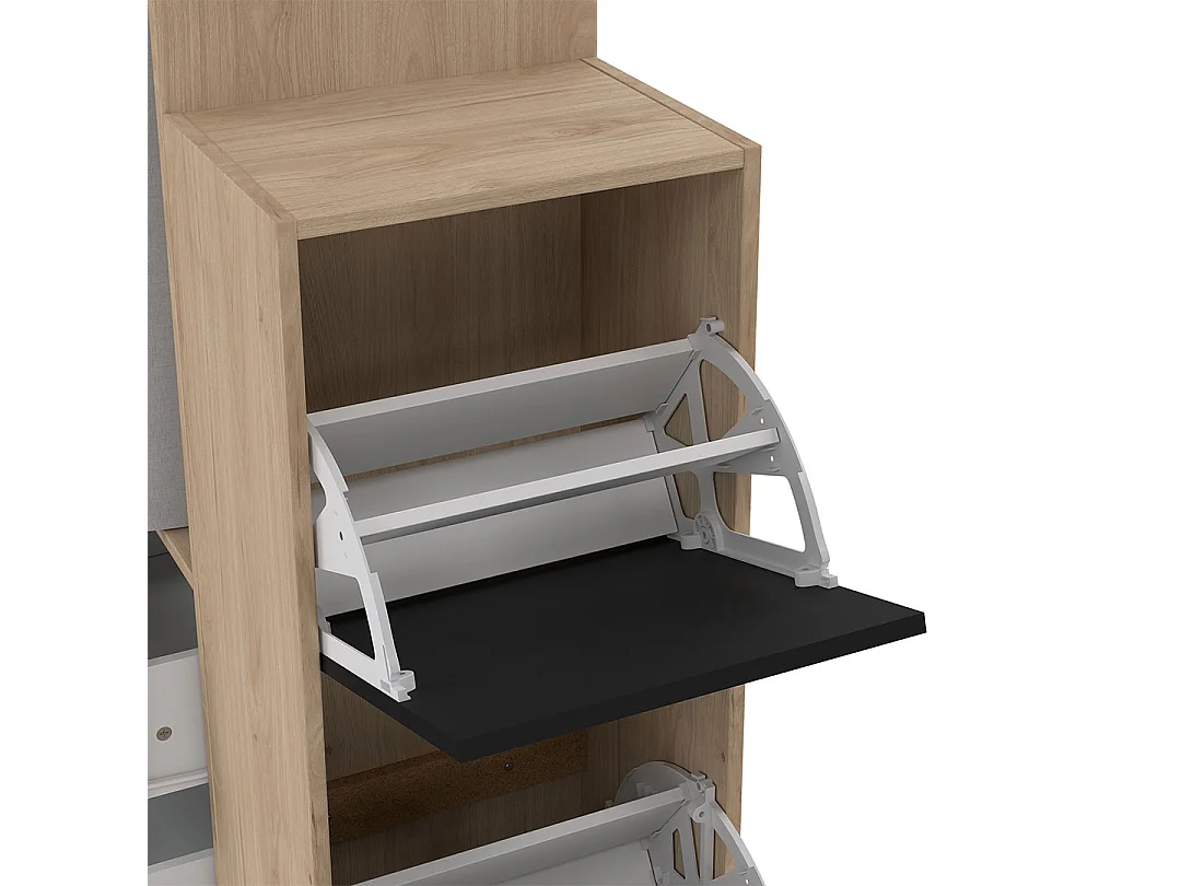 Kimmy armoire ouverte, avec rideau, 2 tiroirs, meuble à chaussures décor noyer, noir mat, rideau gris clair.