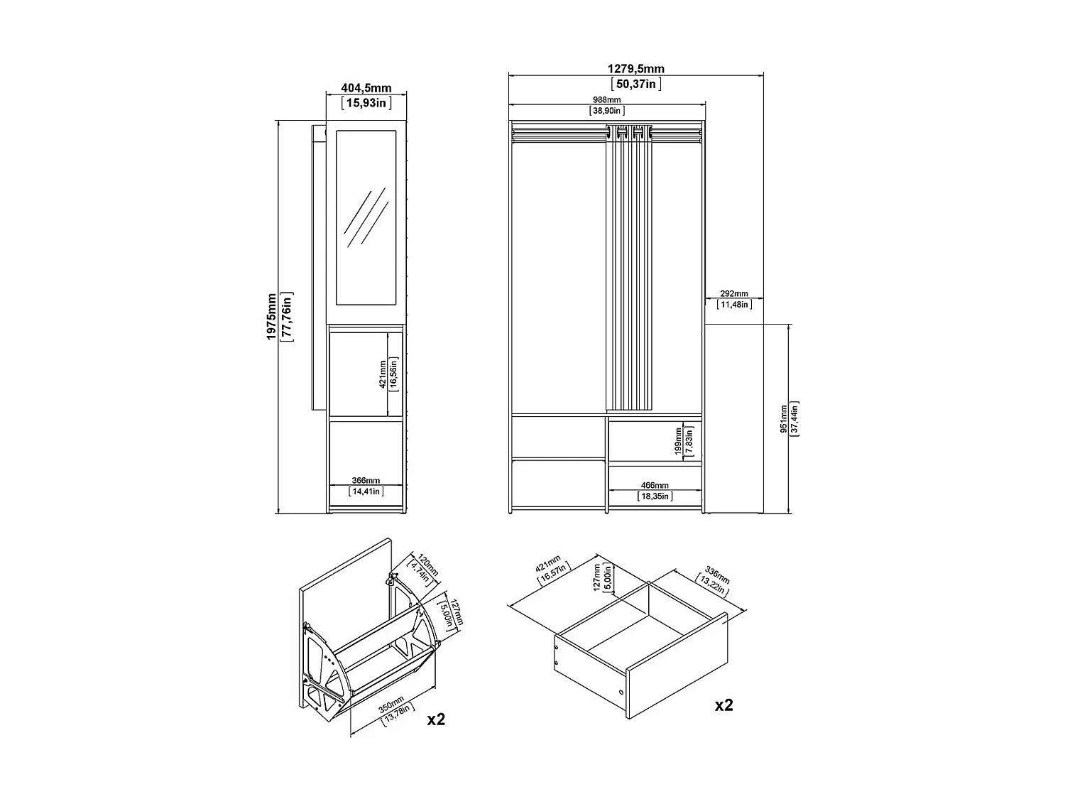 Kimmy armoire ouverte, avec rideau, 2 tiroirs, meuble à chaussures décor noyer, noir mat, rideau gris clair.