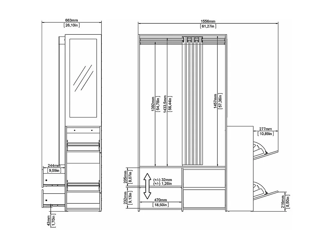 Kimmy armoire ouverte, avec rideau, 2 tiroirs, meuble à chaussures décor noyer, noir mat, rideau gris clair.