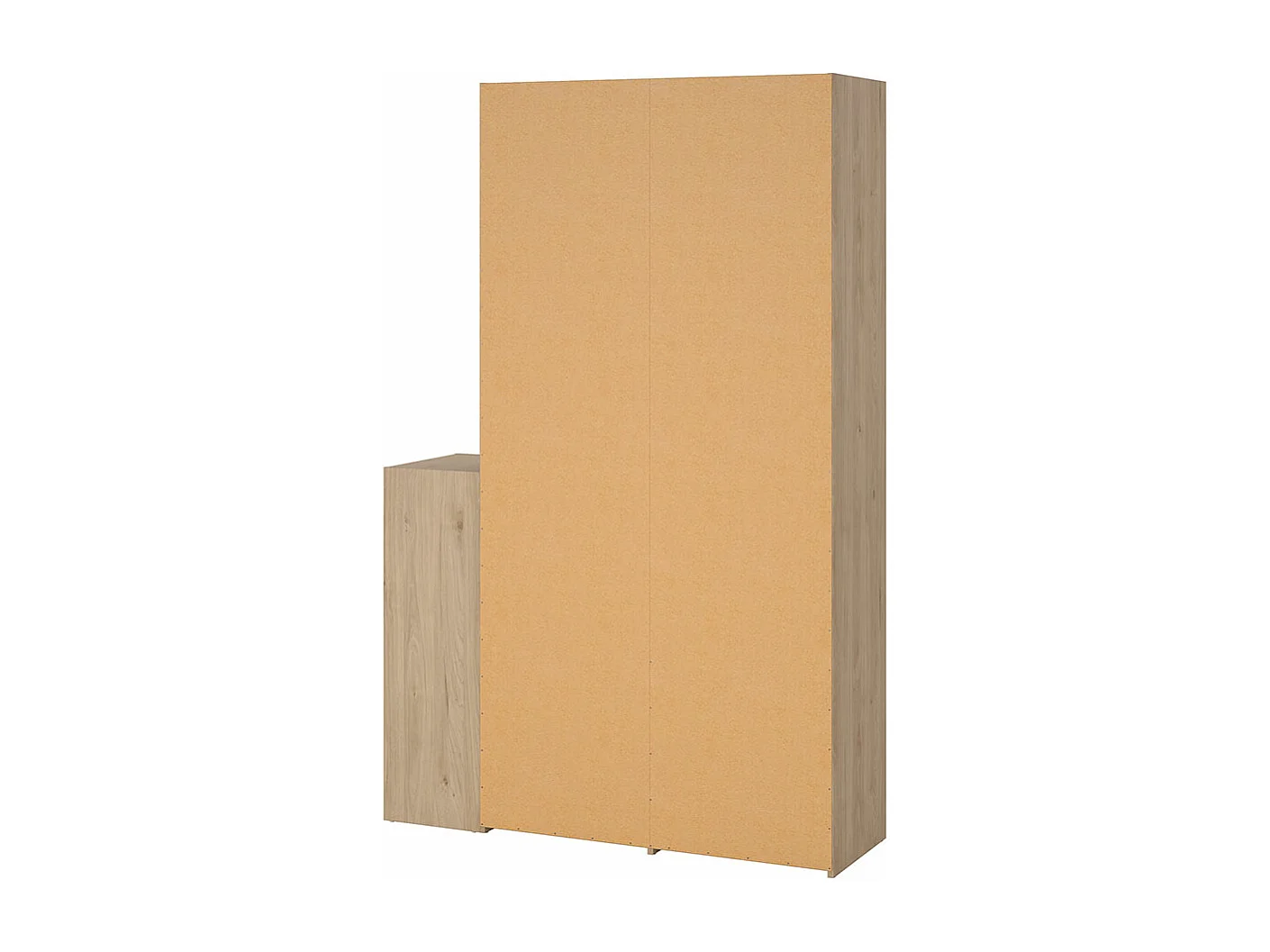 Kimmy armoire ouverte, avec rideau, 2 tiroirs, meuble à chaussures décor noyer, noir mat, rideau gris clair.