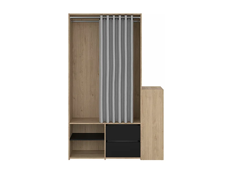 Kimmy armoire ouverte, avec rideau, 2 tiroirs, meuble à chaussures décor noyer, noir mat, rideau gris clair.