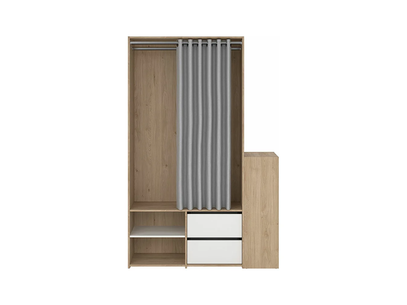 Kimmy armoire ouverte, avec rideau, 2 tiroirs, meuble à chaussures décor noyer, blanc, rideau gris clair.