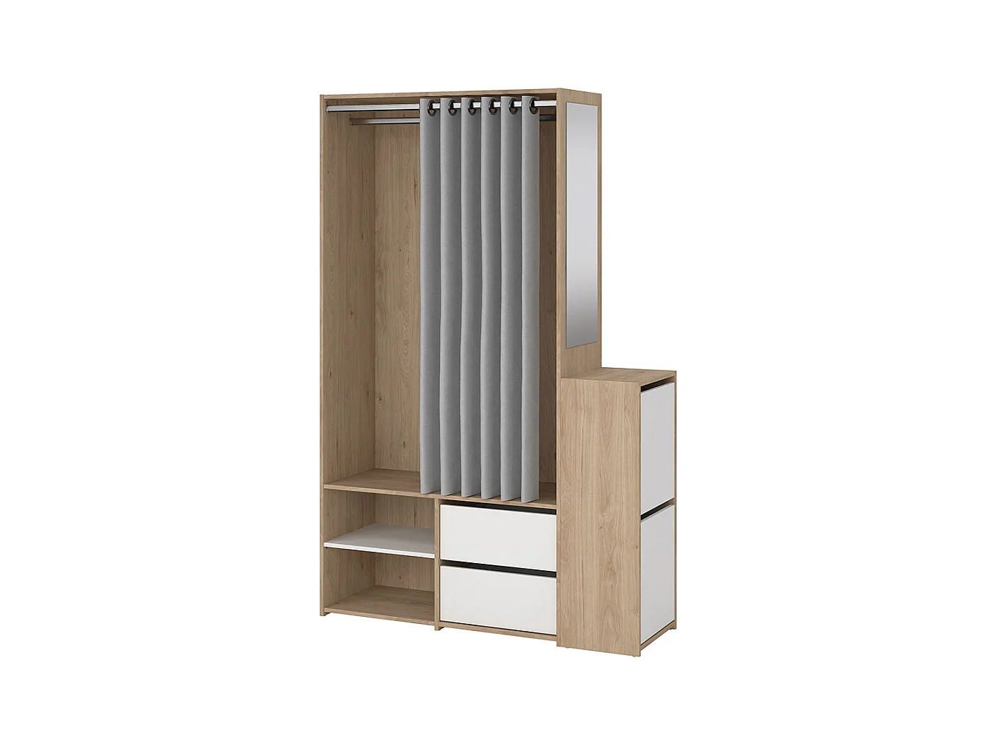 Kimmy armoire ouverte, avec rideau, 2 tiroirs, meuble à chaussures décor noyer, blanc, rideau gris clair.