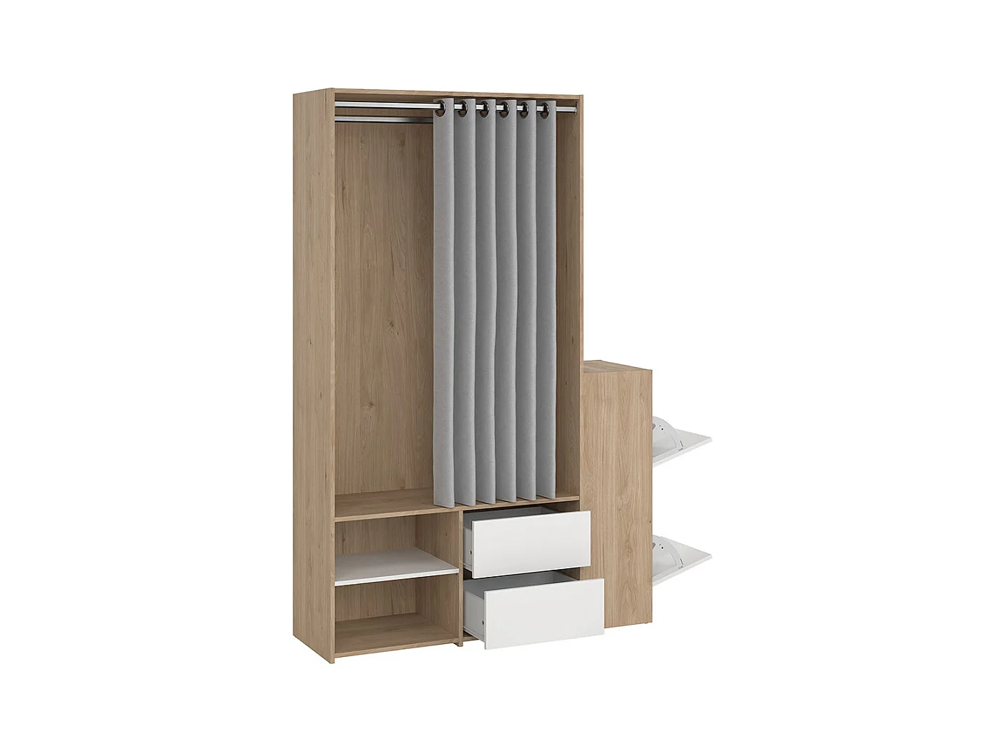 Kimmy armoire ouverte, avec rideau, 2 tiroirs, meuble à chaussures décor noyer, blanc, rideau gris clair.