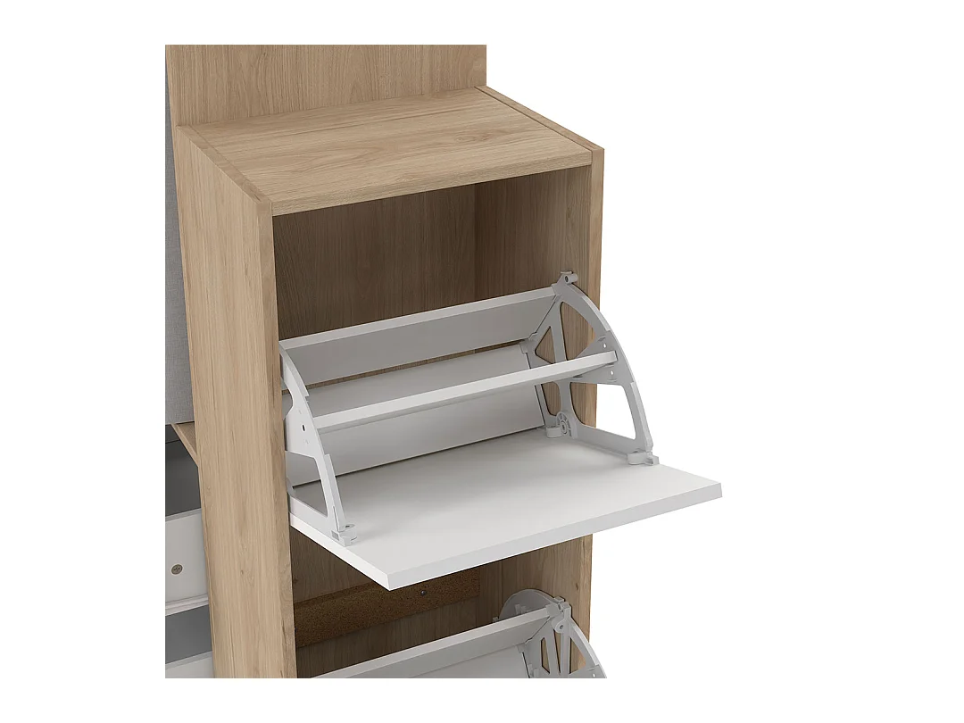 Kimmy armoire ouverte, avec rideau, 2 tiroirs, meuble à chaussures décor noyer, blanc, rideau gris clair.