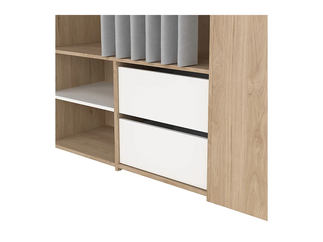 Kimmy armoire ouverte, avec rideau, 2 tiroirs, meuble à chaussures décor noyer, blanc, rideau gris clair.