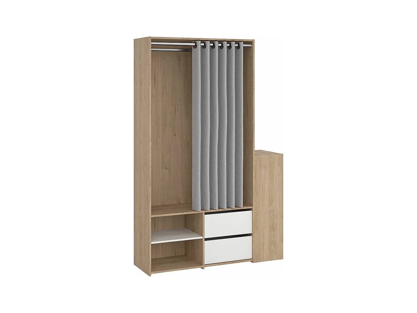 Kimmy armoire ouverte, avec rideau, 2 tiroirs, meuble à chaussures décor noyer, blanc, rideau gris clair.