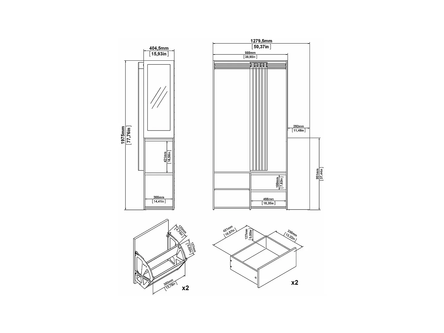 Kimmy armoire ouverte, avec rideau, 2 tiroirs, meuble à chaussures décor noyer, blanc, rideau gris clair.