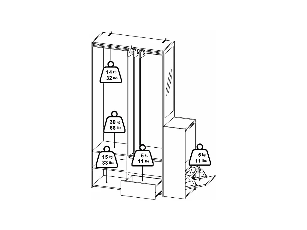 Kimmy armoire ouverte, avec rideau, 2 tiroirs, meuble à chaussures décor noyer, blanc, rideau gris clair.