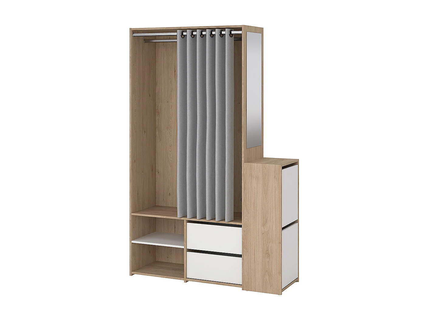 Kimmy armoire ouverte, avec rideau, 2 tiroirs, meuble à chaussures décor noyer, blanc, rideau gris clair.