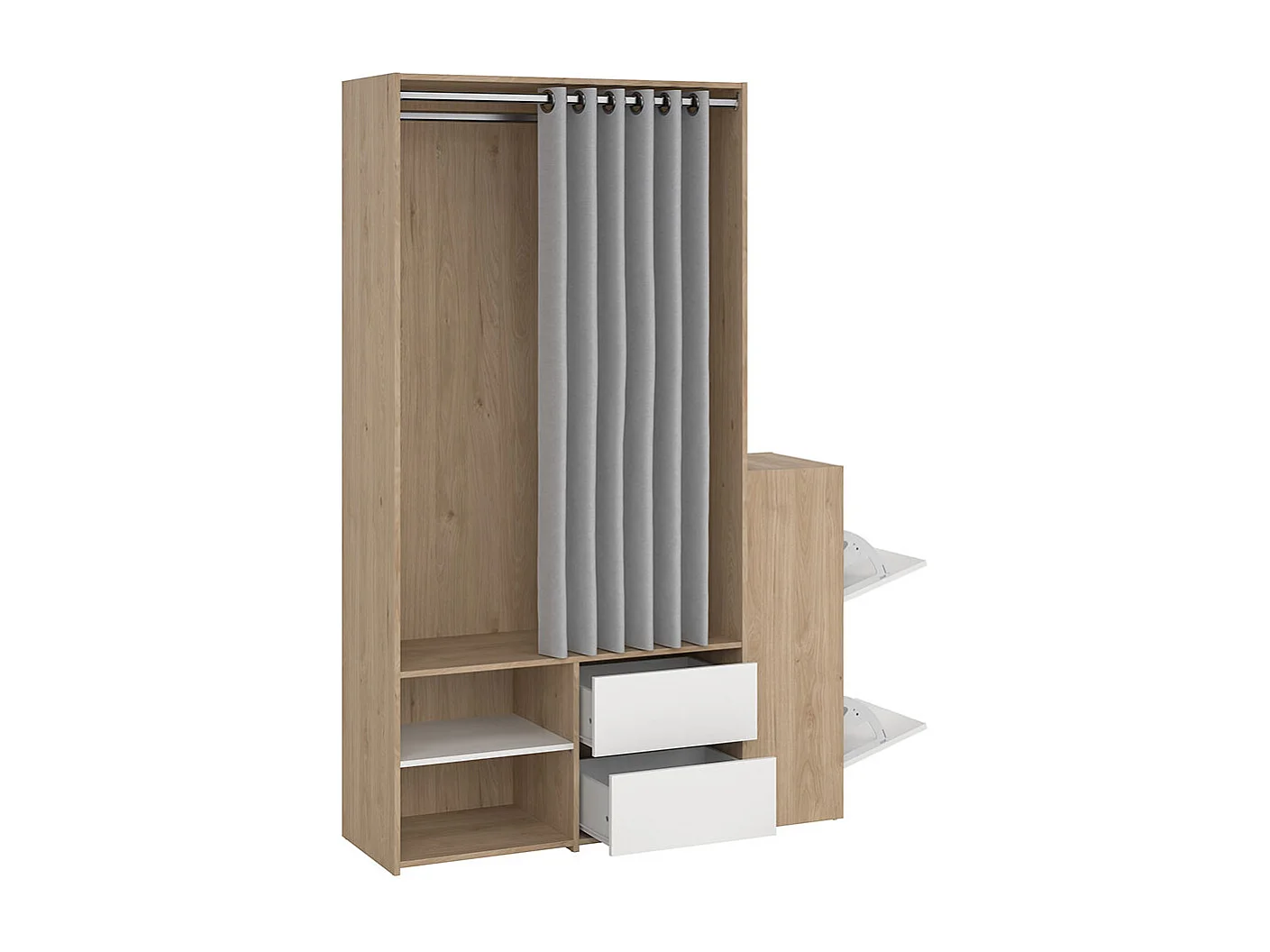 Kimmy armoire ouverte, avec rideau, 2 tiroirs, meuble à chaussures décor noyer, blanc, rideau gris clair.