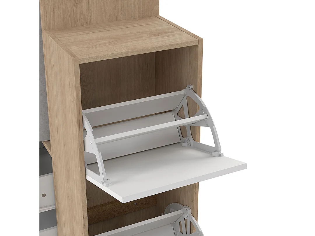 Kimmy armoire ouverte, avec rideau, 2 tiroirs, meuble à chaussures décor noyer, blanc, rideau gris clair.