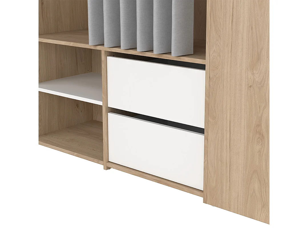 Kimmy armoire ouverte, avec rideau, 2 tiroirs, meuble à chaussures décor noyer, blanc, rideau gris clair.