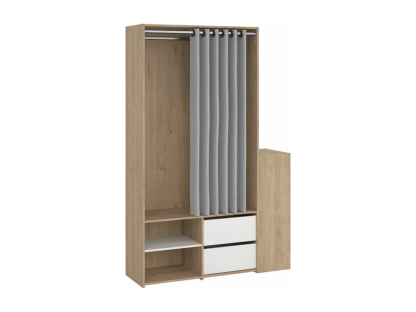 Kimmy armoire ouverte, avec rideau, 2 tiroirs, meuble à chaussures décor noyer, blanc, rideau gris clair.