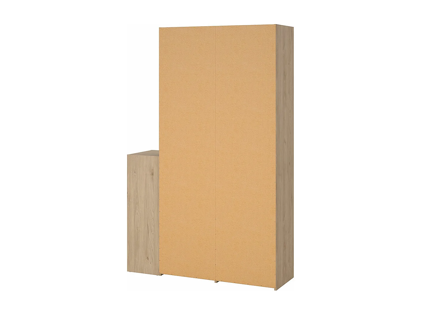 Kimmy armoire ouverte, avec rideau, 2 tiroirs, meuble à chaussures décor noyer, blanc, rideau gris clair.