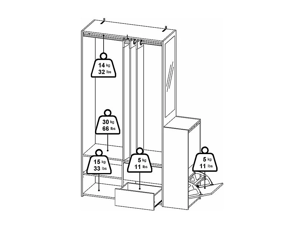 Kimmy armoire ouverte, avec rideau, 2 tiroirs, meuble à chaussures décor noyer, blanc, rideau gris clair.