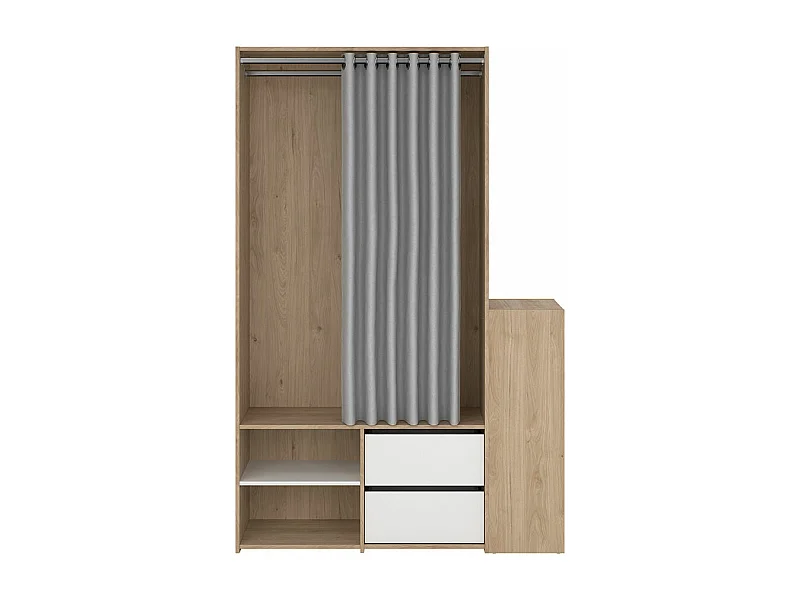 Kimmy armoire ouverte, avec rideau, 2 tiroirs, meuble à chaussures décor noyer, blanc, rideau gris clair.