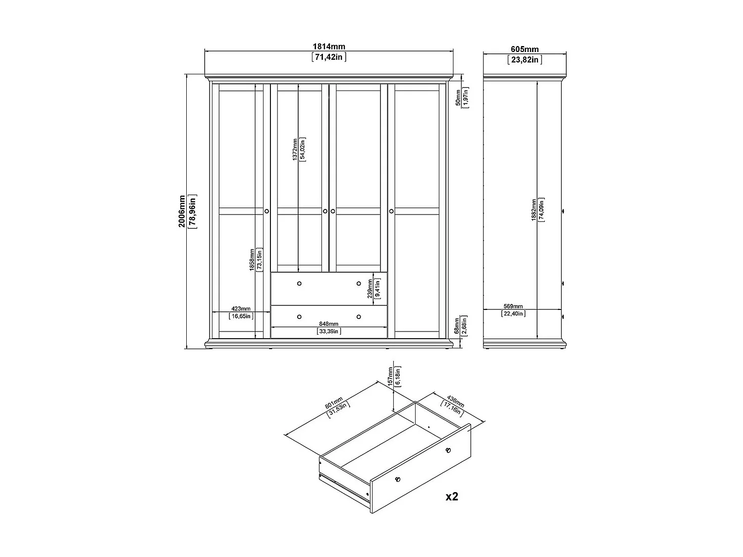 Venedig Armoire 4 portes avec 2 tiroirs, largeur 181 cm, hauteur 200 cm, blanc.