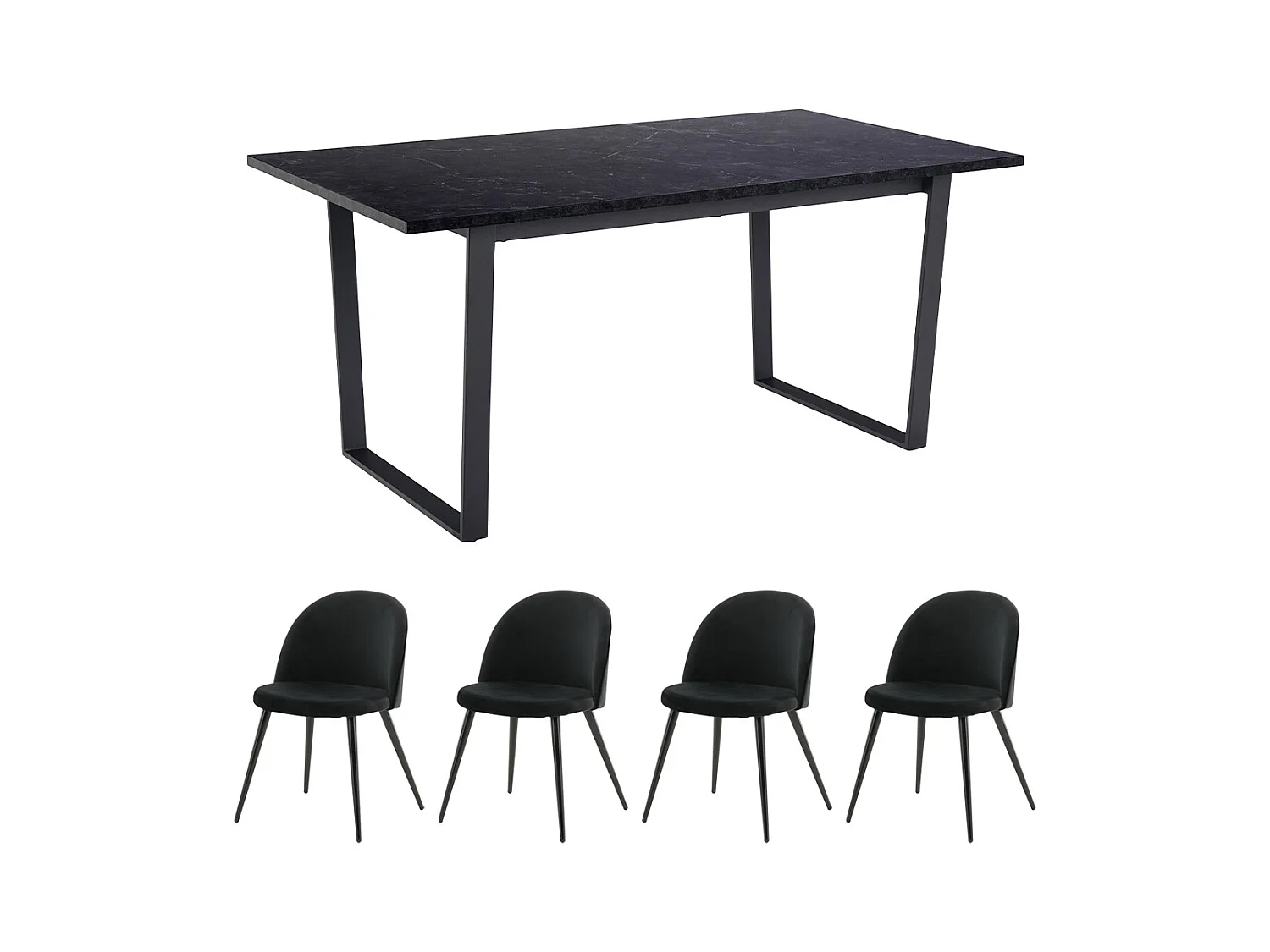 Tilst ensemble pour salle à manger table à manger impression marbre noir 90x160 4 chaises velours noir.