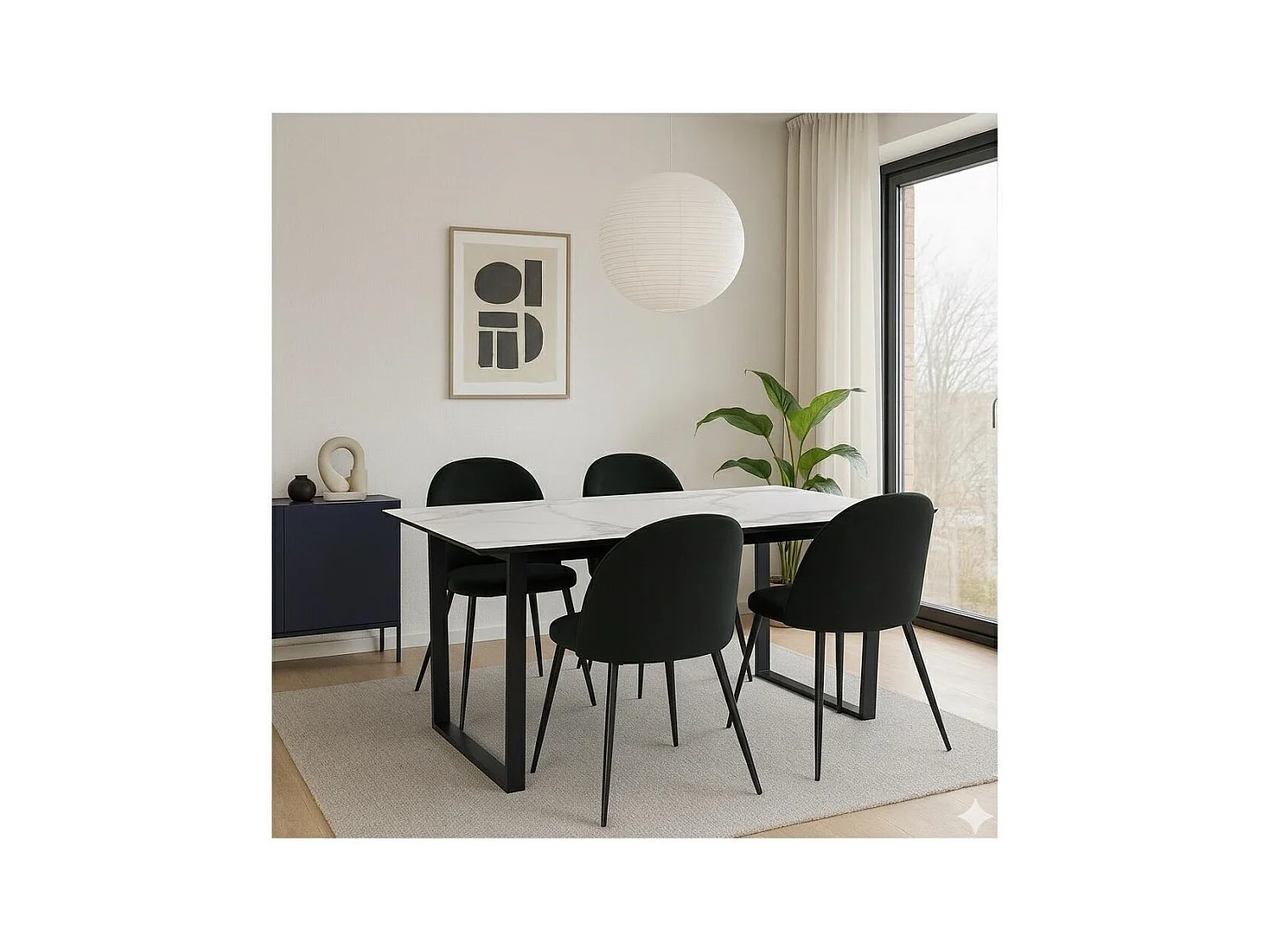 Tilst ensemble pour salle à manger table à manger impression marbre blanc 90x160 4 chaises velours noir.