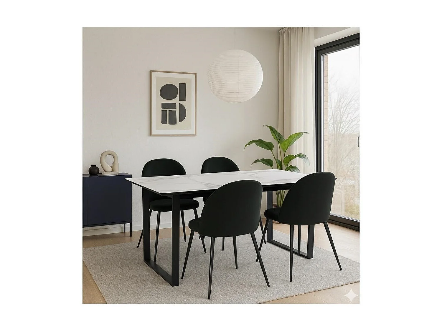 Tilst ensemble pour salle à manger table à manger impression marbre blanc 90x160 4 chaises velours noir.