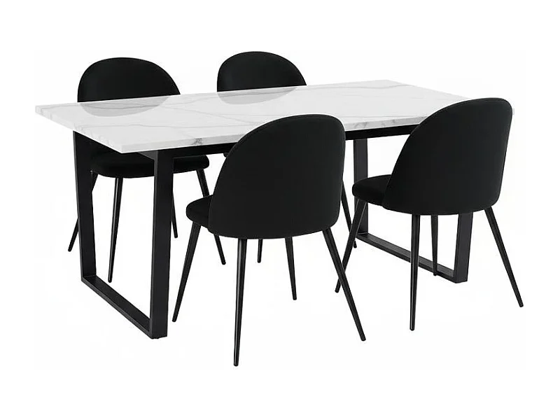 Tilst ensemble pour salle à manger table à manger impression marbre blanc 90x160 4 chaises velours noir.