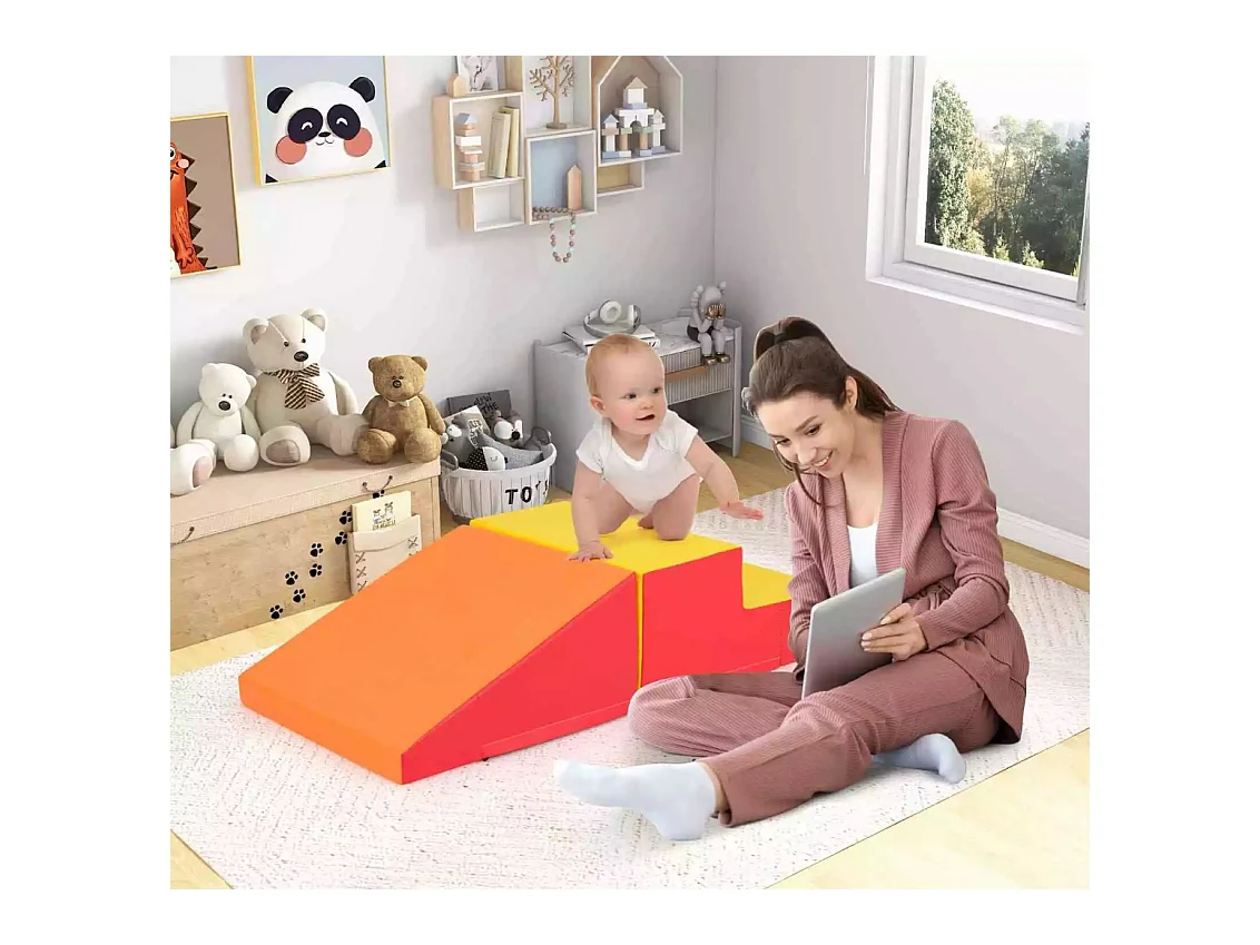 2PCS Parcours Motricité Bébé en Mousse avec Housse Amovible, Module Motricité Bébé avec Marche & Toboggan, Jouets Éducatifs pour Enfant (Orange+Jaune)