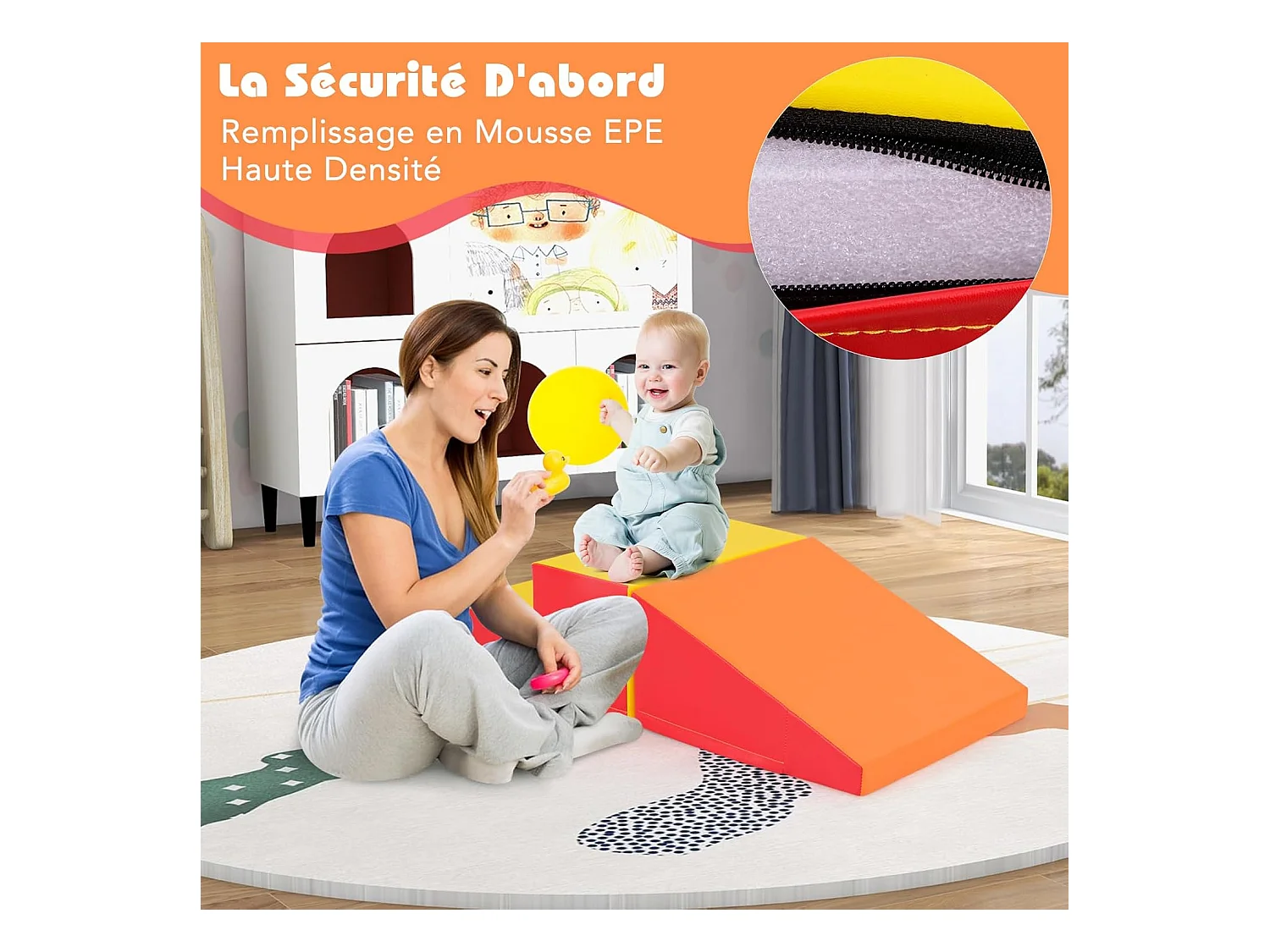 2PCS Parcours Motricité Bébé en Mousse avec Housse Amovible, Module Motricité Bébé avec Marche & Toboggan, Jouets Éducatifs pour Enfant (Orange+Jaune)