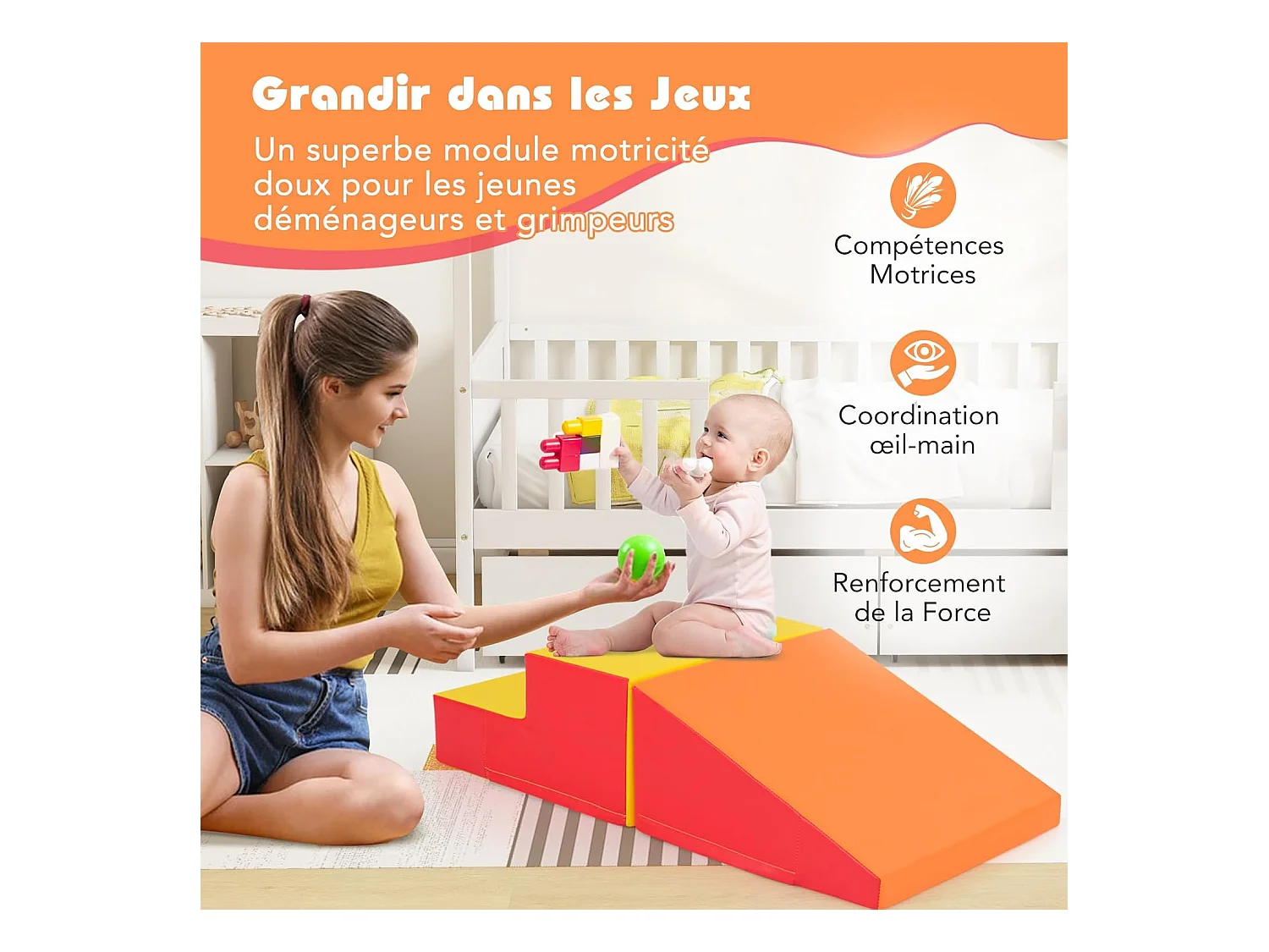 2PCS Parcours Motricité Bébé en Mousse avec Housse Amovible, Module Motricité Bébé avec Marche & Toboggan, Jouets Éducatifs pour Enfant (Orange+Jaune)