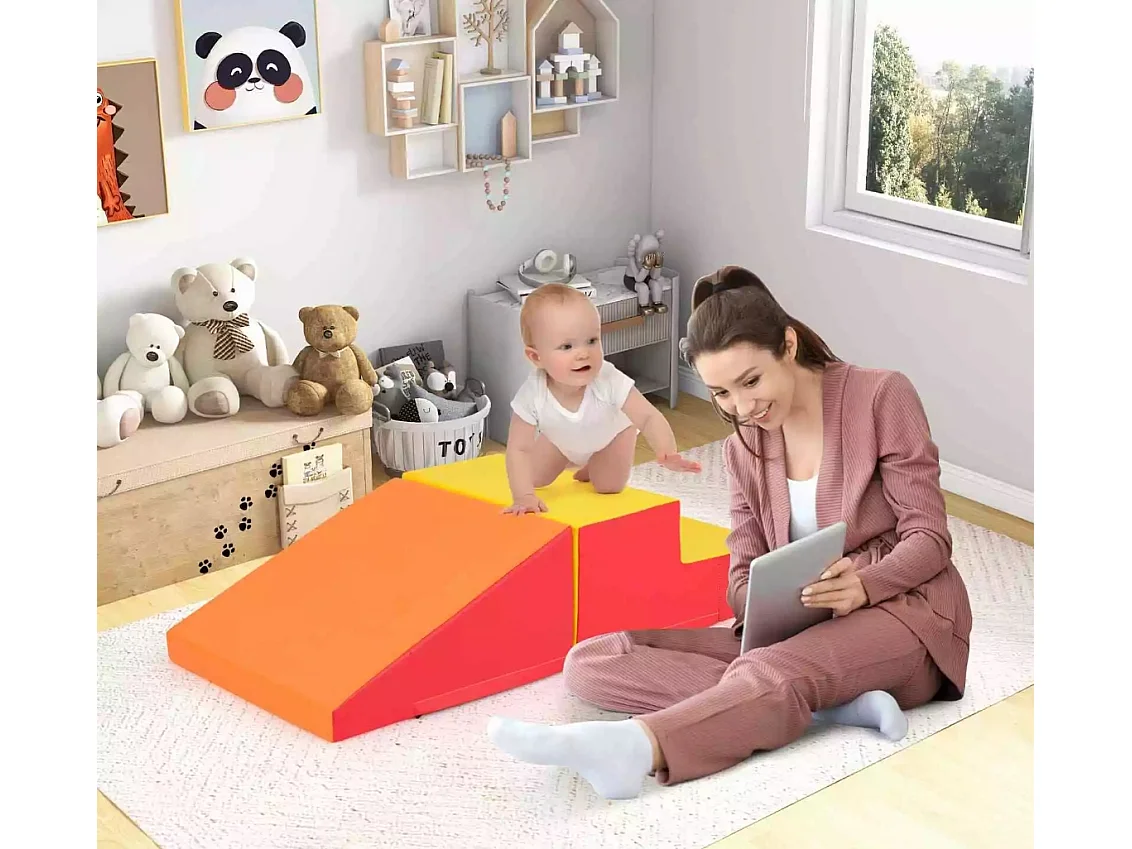 2PCS Parcours Motricité Bébé en Mousse avec Housse Amovible, Module Motricité Bébé avec Marche & Toboggan, Jouets Éducatifs pour Enfant (Orange+Jaune)