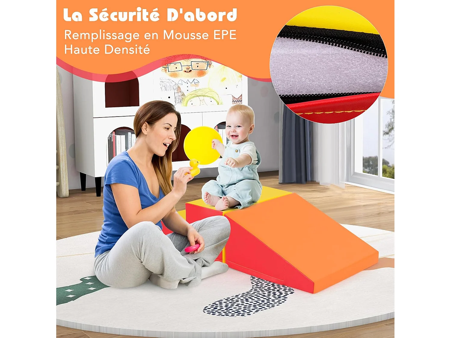 2PCS Parcours Motricité Bébé en Mousse avec Housse Amovible, Module Motricité Bébé avec Marche & Toboggan, Jouets Éducatifs pour Enfant (Orange+Jaune)