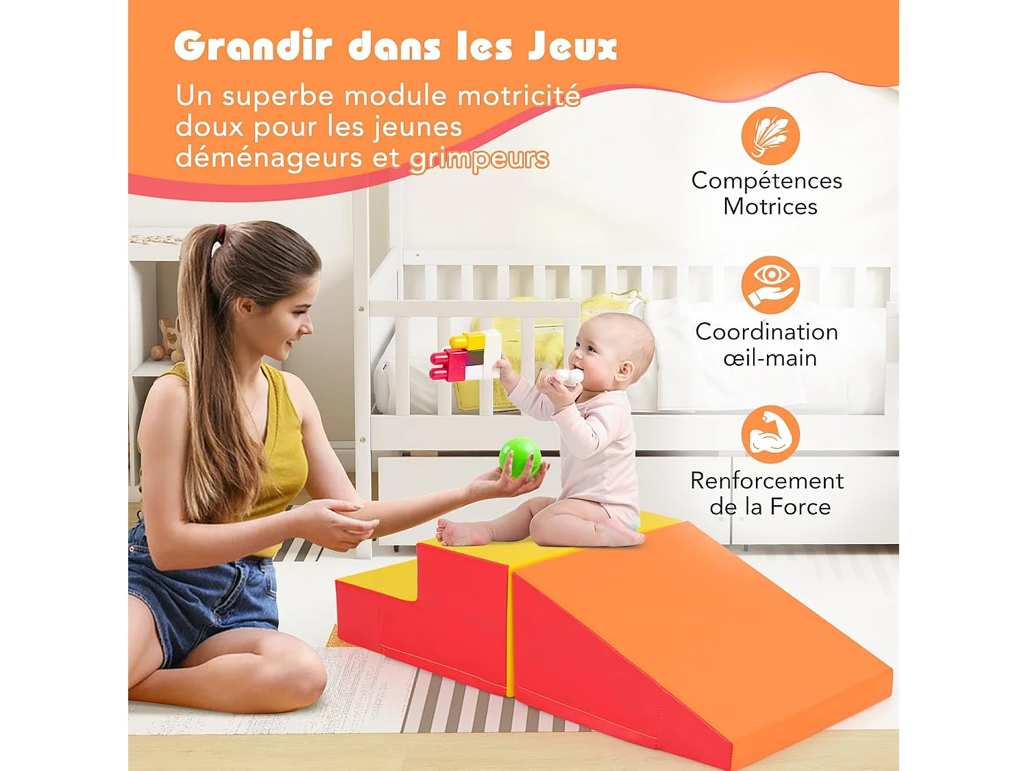 2PCS Parcours Motricité Bébé en Mousse avec Housse Amovible, Module Motricité Bébé avec Marche & Toboggan, Jouets Éducatifs pour Enfant (Orange+Jaune)