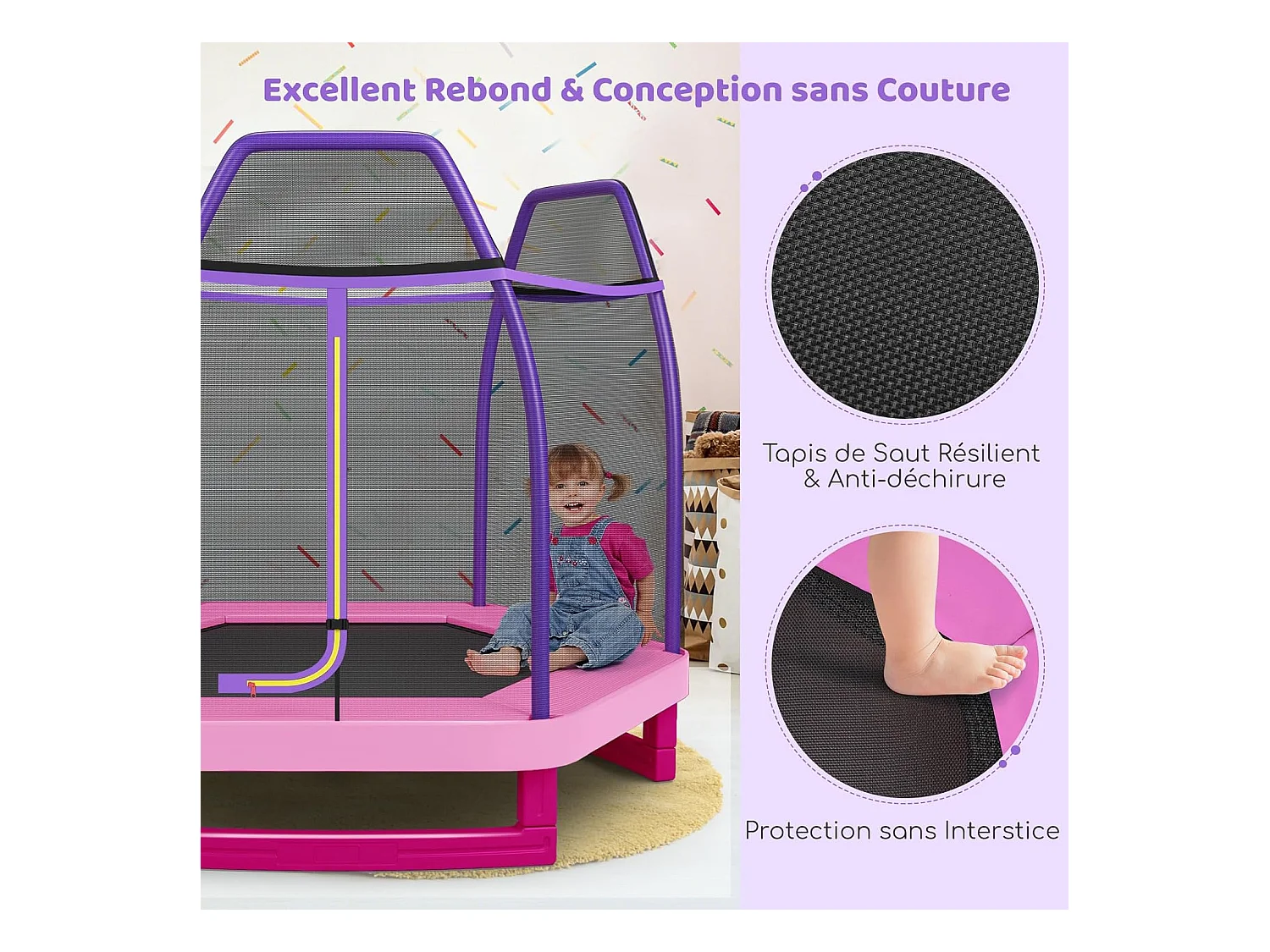 Trampoline Extérieur Ø 223cm Enfants avec Filet de Sécurité, Trampoline de Jardin Rond avec 6 Poteaux, Tapis de Saut, Charge150KG pour 3 Ans+ (Rose)
