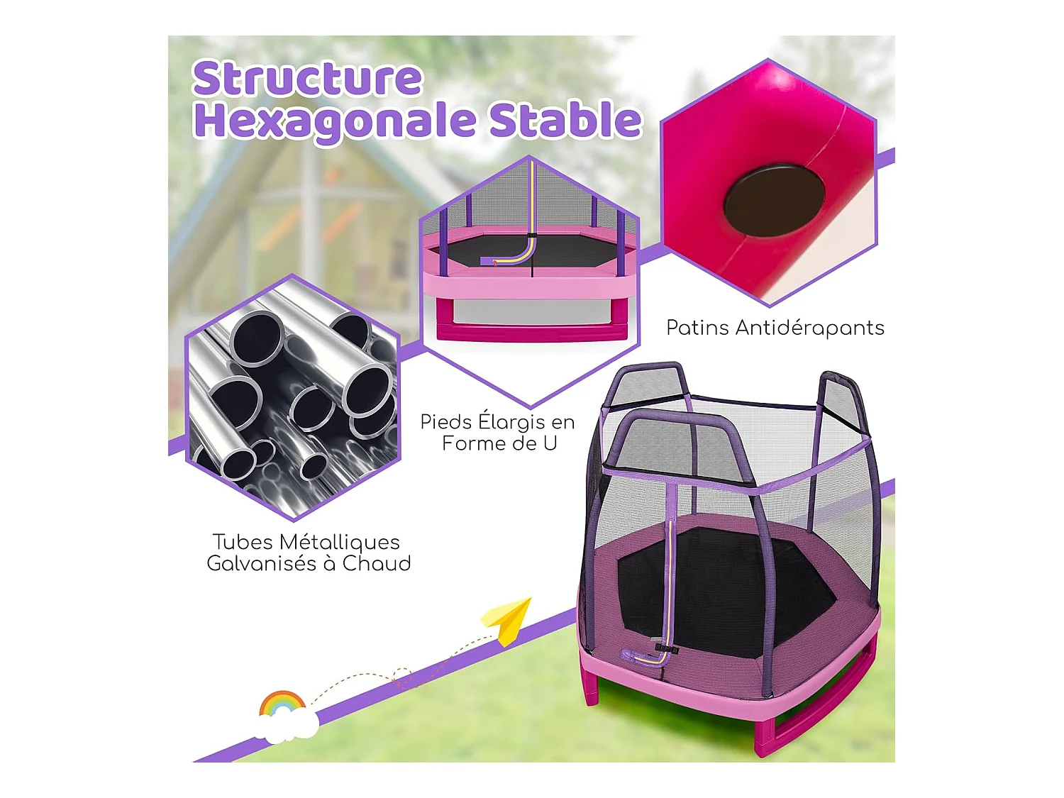 Trampoline Extérieur Ø 223cm Enfants avec Filet de Sécurité, Trampoline de Jardin Rond avec 6 Poteaux, Tapis de Saut, Charge150KG pour 3 Ans+ (Rose)