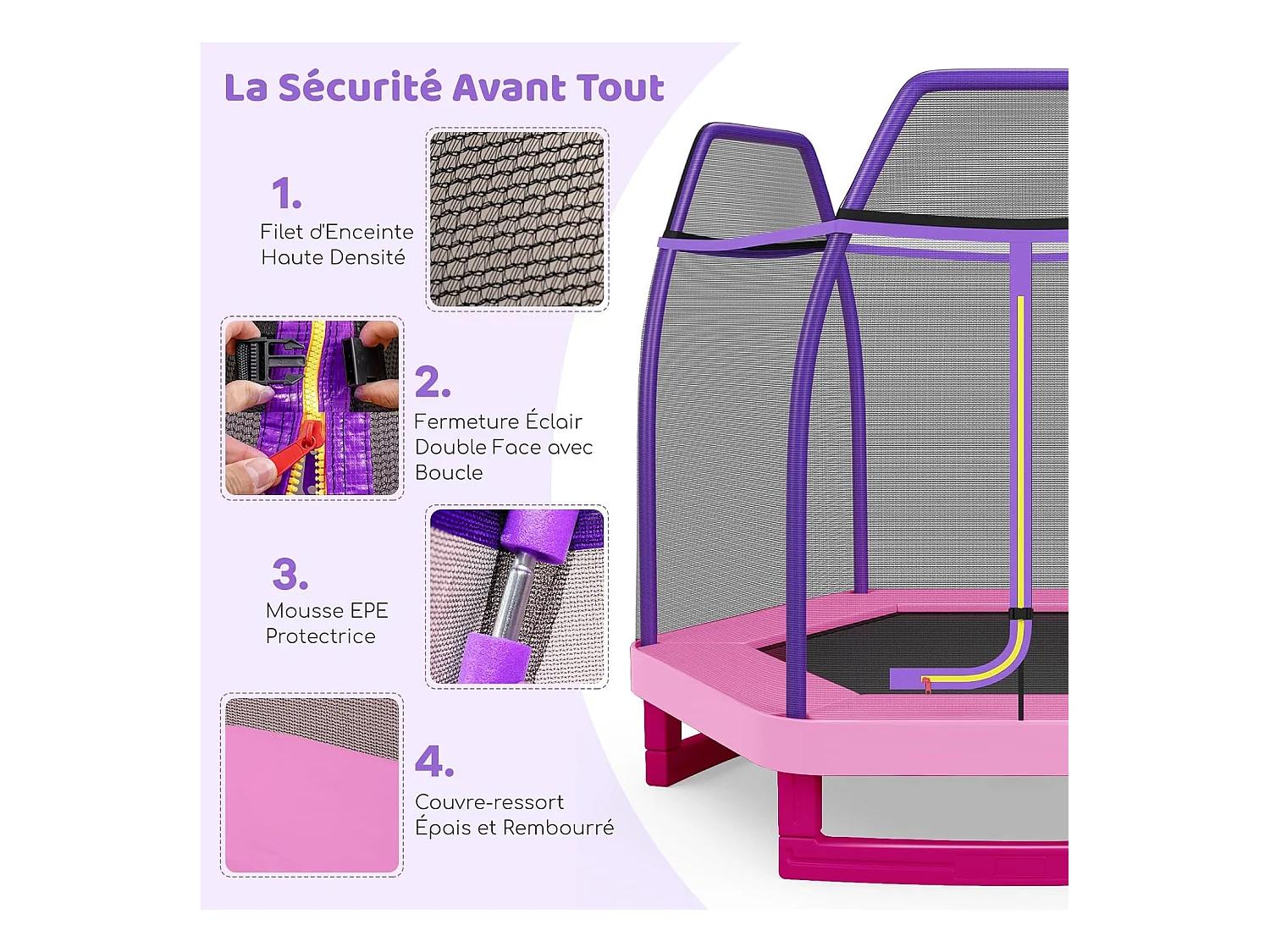 Trampoline Extérieur Ø 223cm Enfants avec Filet de Sécurité, Trampoline de Jardin Rond avec 6 Poteaux, Tapis de Saut, Charge150KG pour 3 Ans+ (Rose)