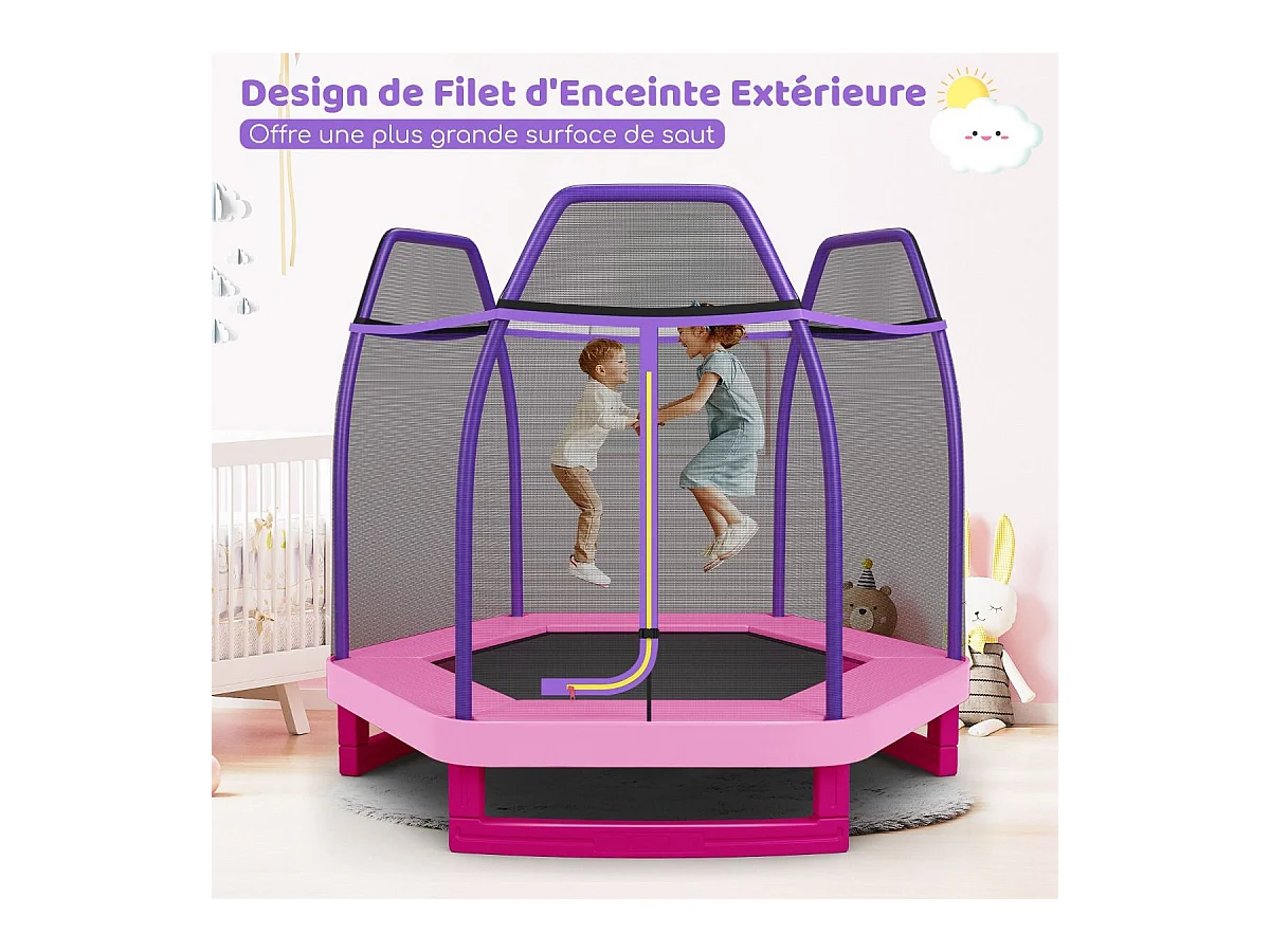 Trampoline Extérieur Ø 223cm Enfants avec Filet de Sécurité, Trampoline de Jardin Rond avec 6 Poteaux, Tapis de Saut, Charge150KG pour 3 Ans+ (Rose)