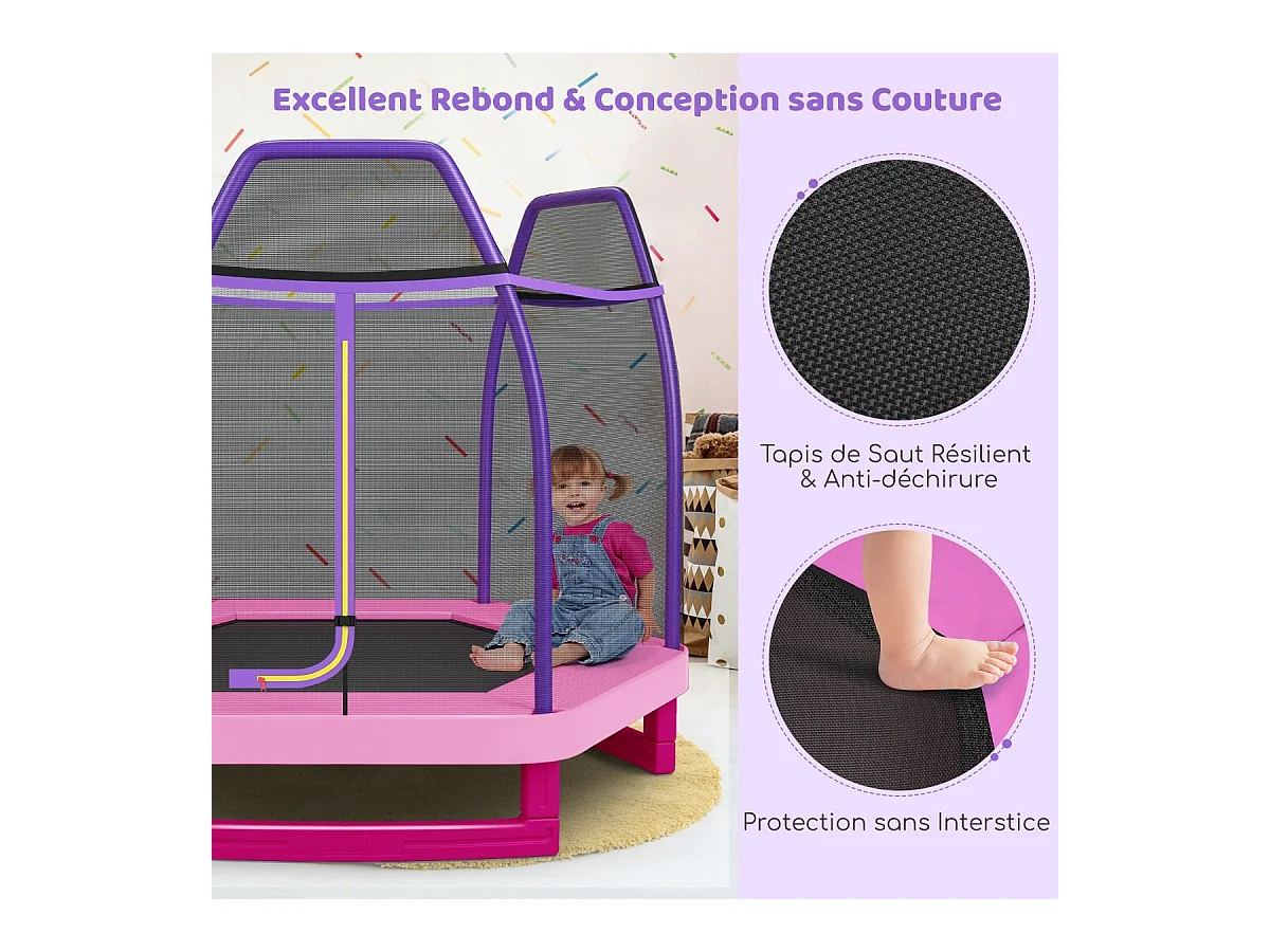 Trampoline Extérieur Ø 223cm Enfants avec Filet de Sécurité, Trampoline de Jardin Rond avec 6 Poteaux, Tapis de Saut, Charge150KG pour 3 Ans+ (Rose)