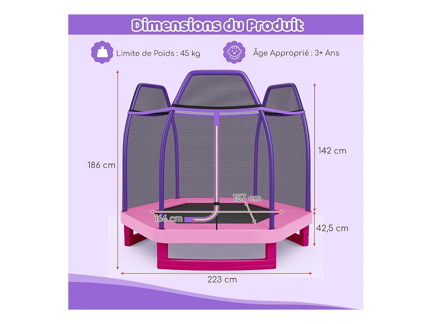 Trampoline Extérieur Ø 223cm Enfants avec Filet de Sécurité, Trampoline de Jardin Rond avec 6 Poteaux, Tapis de Saut, Charge150KG pour 3 Ans+ (Rose)
