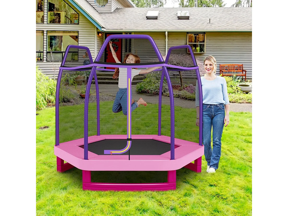 Trampoline Extérieur Ø 223cm Enfants avec Filet de Sécurité, Trampoline de Jardin Rond avec 6 Poteaux, Tapis de Saut, Charge150KG pour 3 Ans+ (Rose)