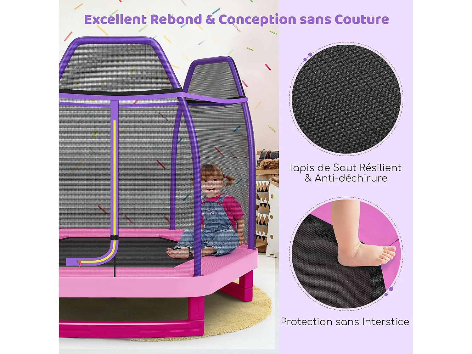 Trampoline Extérieur Ø 223cm Enfants avec Filet de Sécurité, Trampoline de Jardin Rond avec 6 Poteaux, Tapis de Saut, Charge150KG pour 3 Ans+ (Rose)