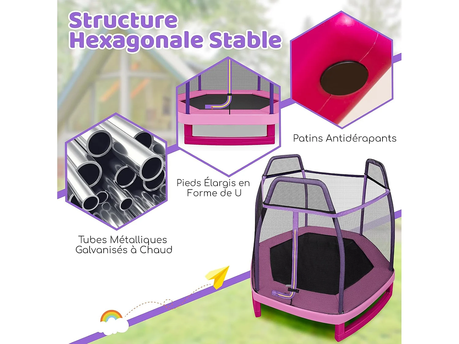 Trampoline Extérieur Ø 223cm Enfants avec Filet de Sécurité, Trampoline de Jardin Rond avec 6 Poteaux, Tapis de Saut, Charge150KG pour 3 Ans+ (Rose)