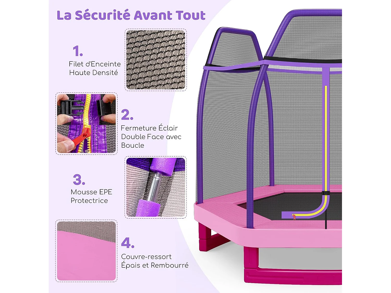 Trampoline Extérieur Ø 223cm Enfants avec Filet de Sécurité, Trampoline de Jardin Rond avec 6 Poteaux, Tapis de Saut, Charge150KG pour 3 Ans+ (Rose)