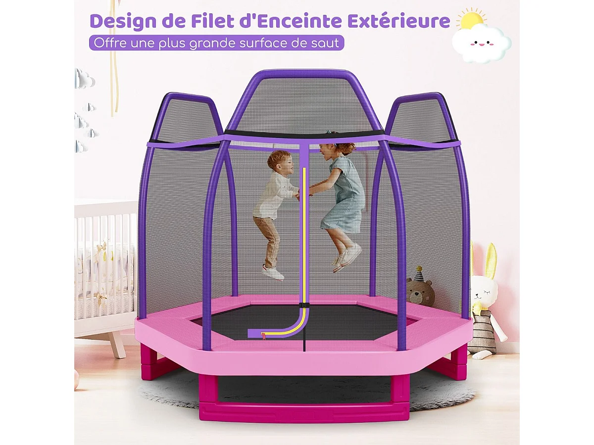 Trampoline Extérieur Ø 223cm Enfants avec Filet de Sécurité, Trampoline de Jardin Rond avec 6 Poteaux, Tapis de Saut, Charge150KG pour 3 Ans+ (Rose)