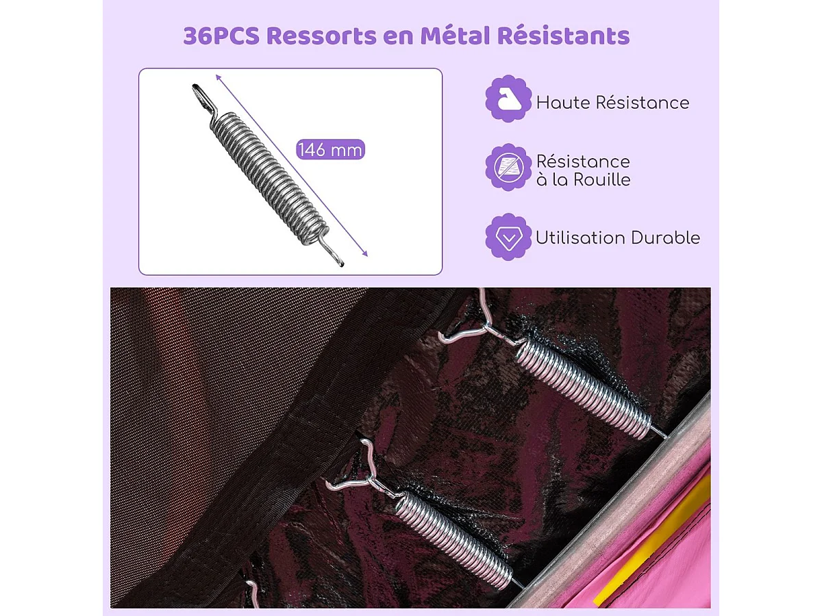 Trampoline Extérieur Ø 223cm Enfants avec Filet de Sécurité, Trampoline de Jardin Rond avec 6 Poteaux, Tapis de Saut, Charge150KG pour 3 Ans+ (Rose)