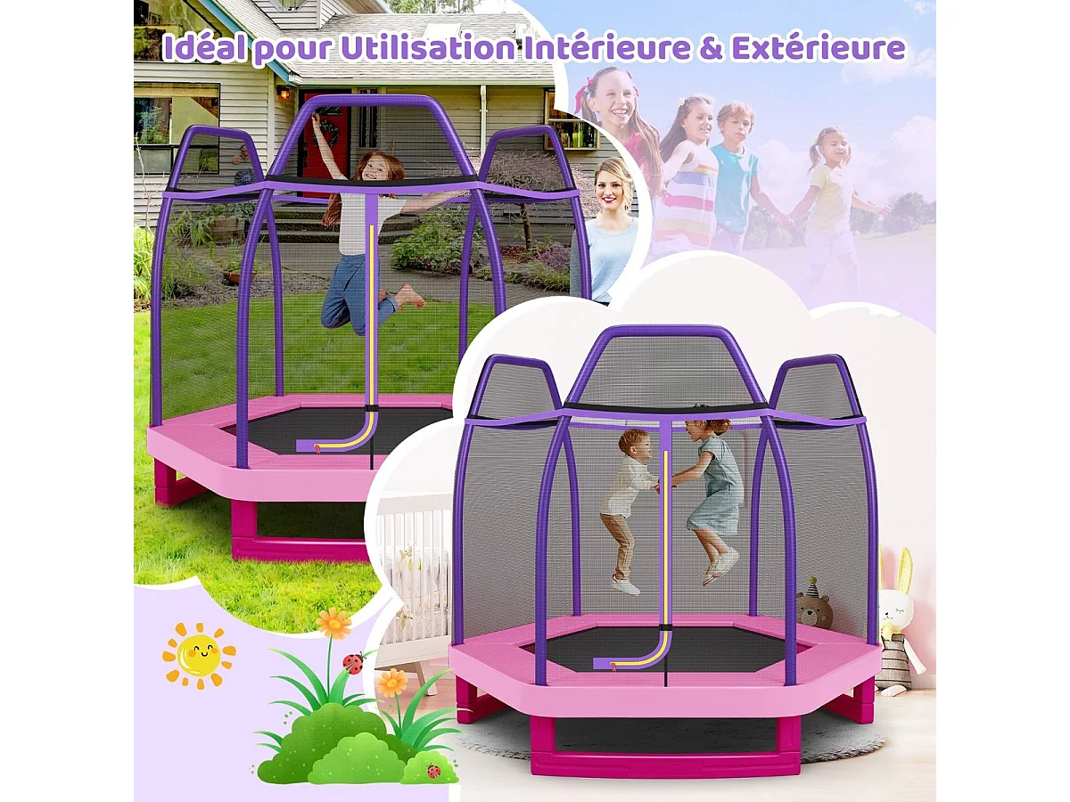 Trampoline Extérieur Ø 223cm Enfants avec Filet de Sécurité, Trampoline de Jardin Rond avec 6 Poteaux, Tapis de Saut, Charge150KG pour 3 Ans+ (Rose)