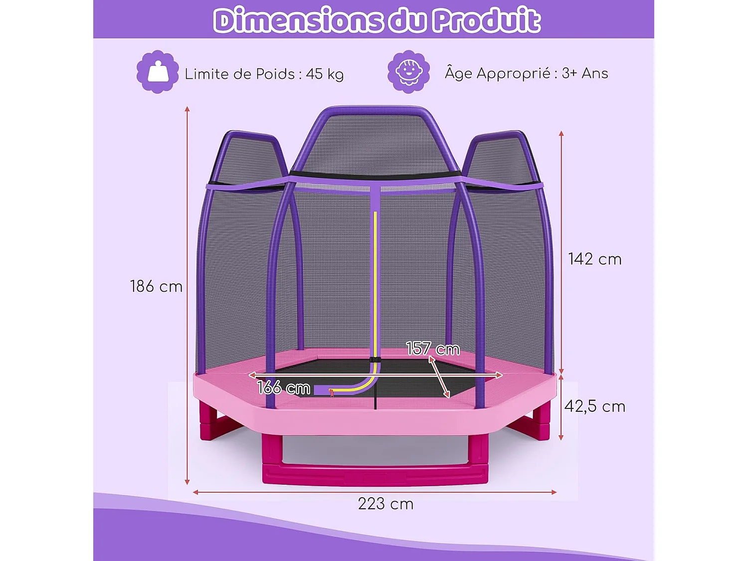 Trampoline Extérieur Ø 223cm Enfants avec Filet de Sécurité, Trampoline de Jardin Rond avec 6 Poteaux, Tapis de Saut, Charge150KG pour 3 Ans+ (Rose)