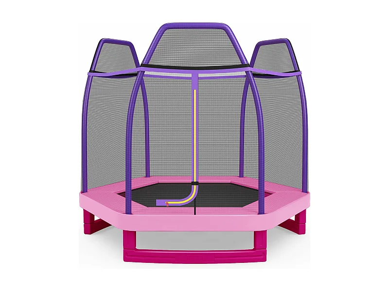 Trampoline Extérieur Ø 223cm Enfants avec Filet de Sécurité, Trampoline de Jardin Rond avec 6 Poteaux, Tapis de Saut, Charge150KG pour 3 Ans+ (Rose)