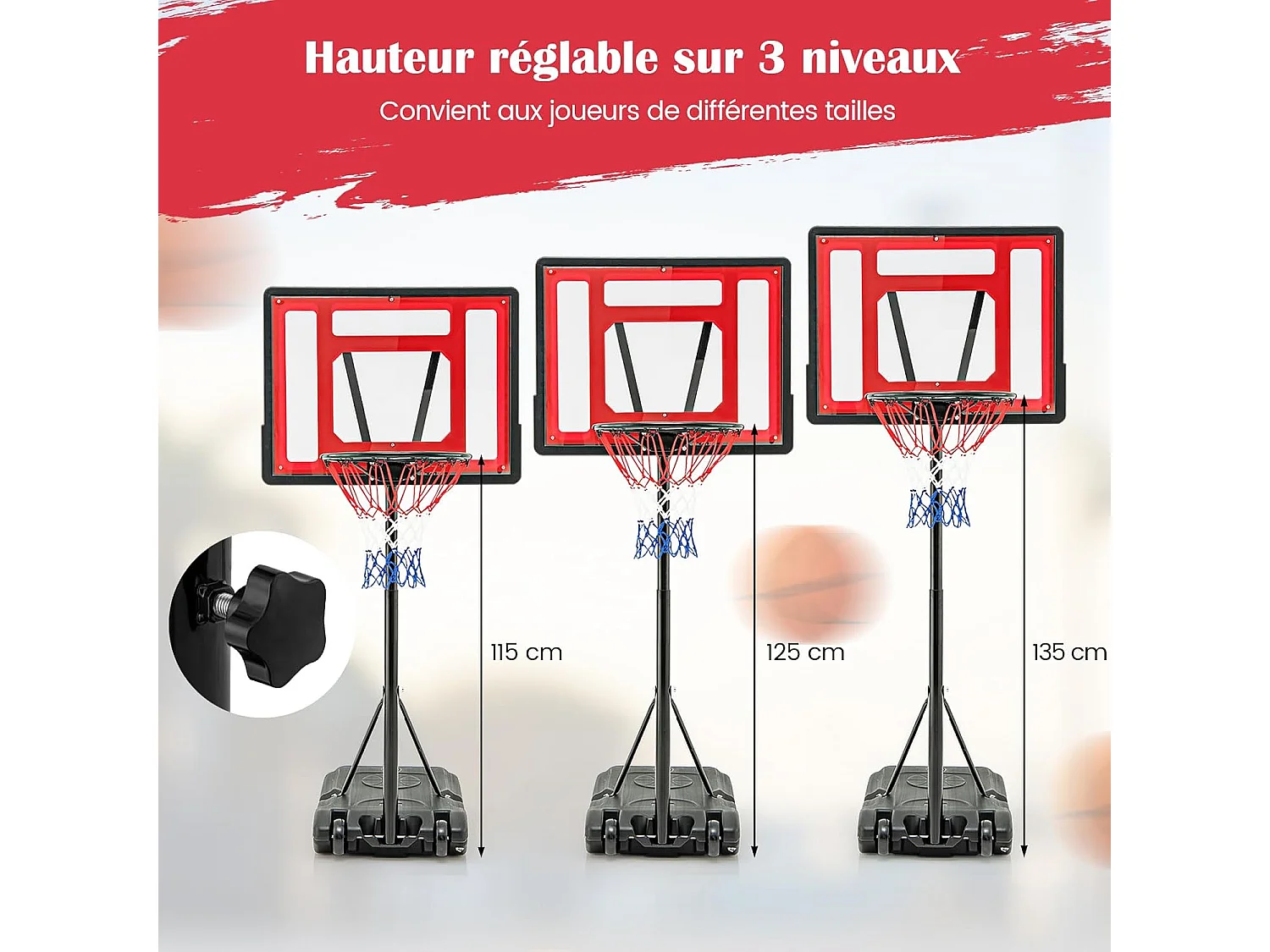 Panier de Basket-Ball, Support de Basket-Ball Réglable en Hauteur pour Enfants Adolescents Adultes, Panier de Basket-Ball Mobile, pour Intérieure/Extérieure