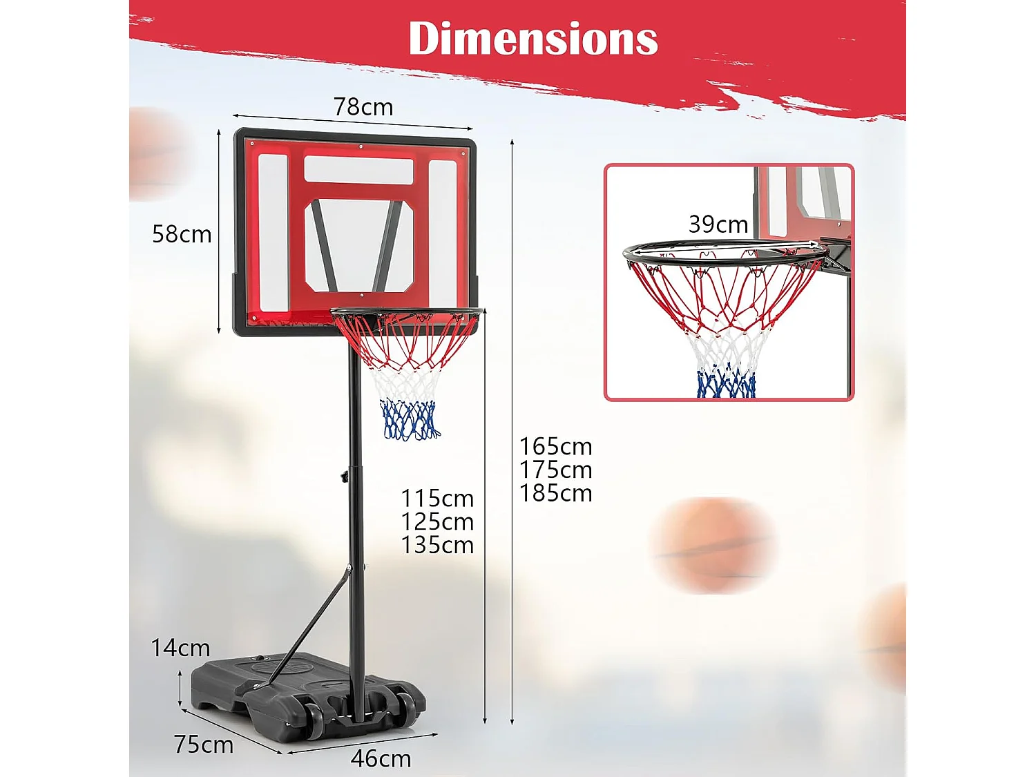Panier de Basket-Ball, Support de Basket-Ball Réglable en Hauteur pour Enfants Adolescents Adultes, Panier de Basket-Ball Mobile, pour Intérieure/Extérieure