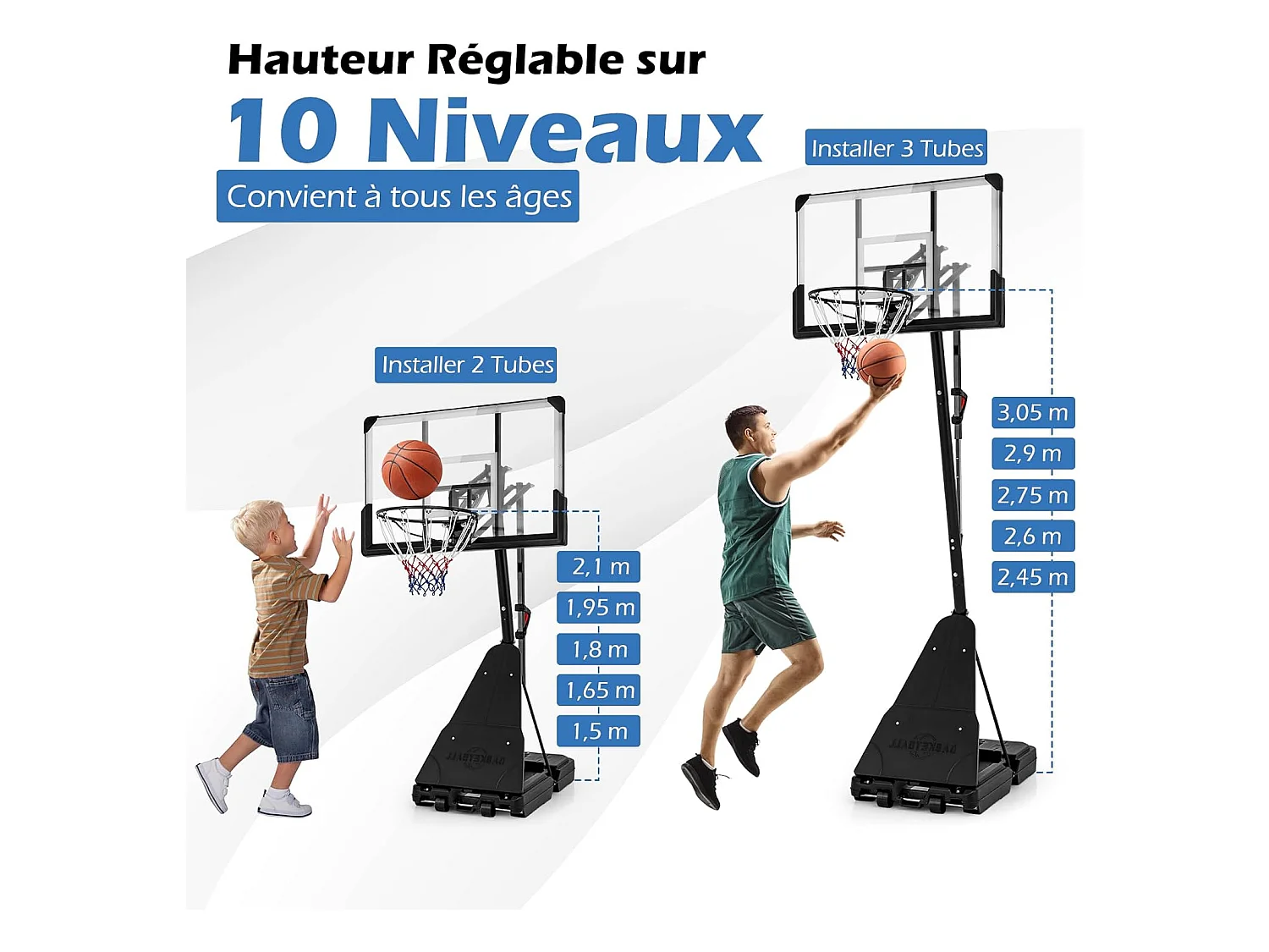 Panier de Basketball sur Pieds avec Hauteur Réglable 150-305 CM, Support de Basket à roulettes avec Panneau Arrière Incassable de 112 cm Plaque de Rebond